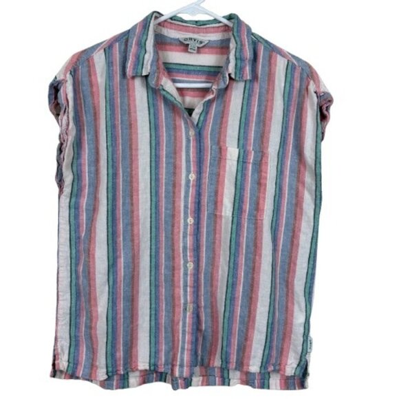 Orvis Linen Blend Casual Striped Button Down Shirt Size Small Western - Picture 1 of 6